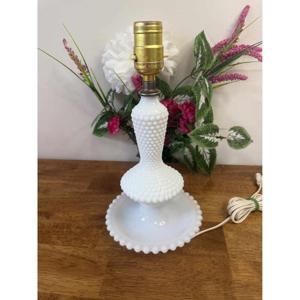 Vintage Hobnail Milk Glass‎ Table Lamp – White Beaded Edge Pedestal Base MCM